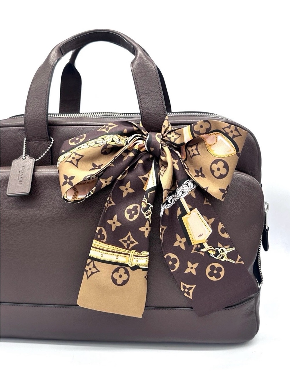 Lock And Chain Patterned Twilly Bag Scarf Brown Gold - Picture 2 of 6